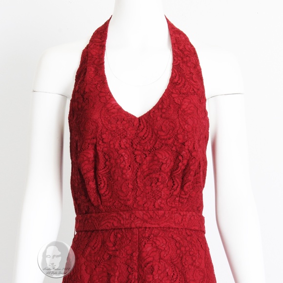 Halter Jumpsuit Wide Leg Pants Red Lace with Belt by Pamella Roland Size 8 - Picture 4 of 10